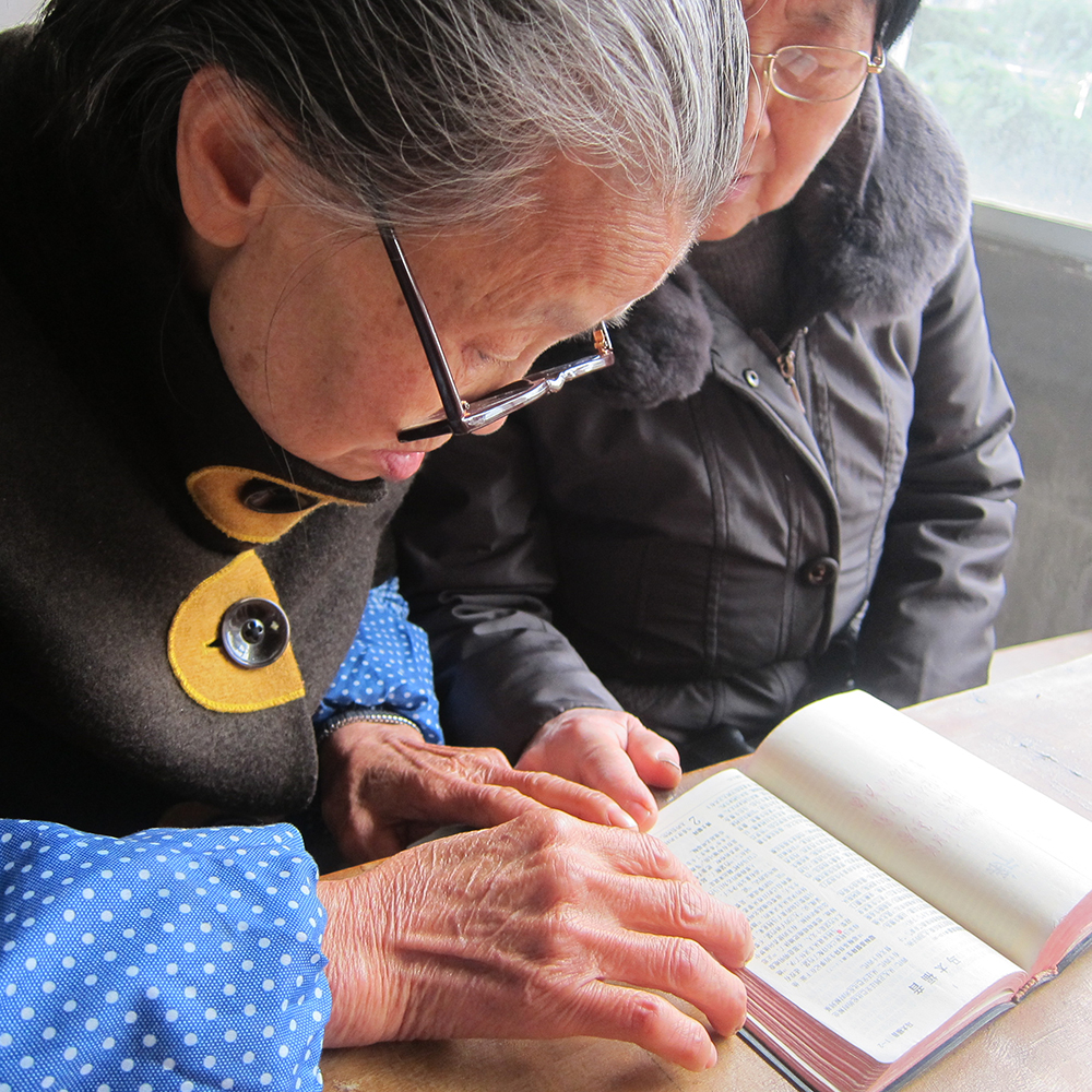Elderly woman reading a Bible